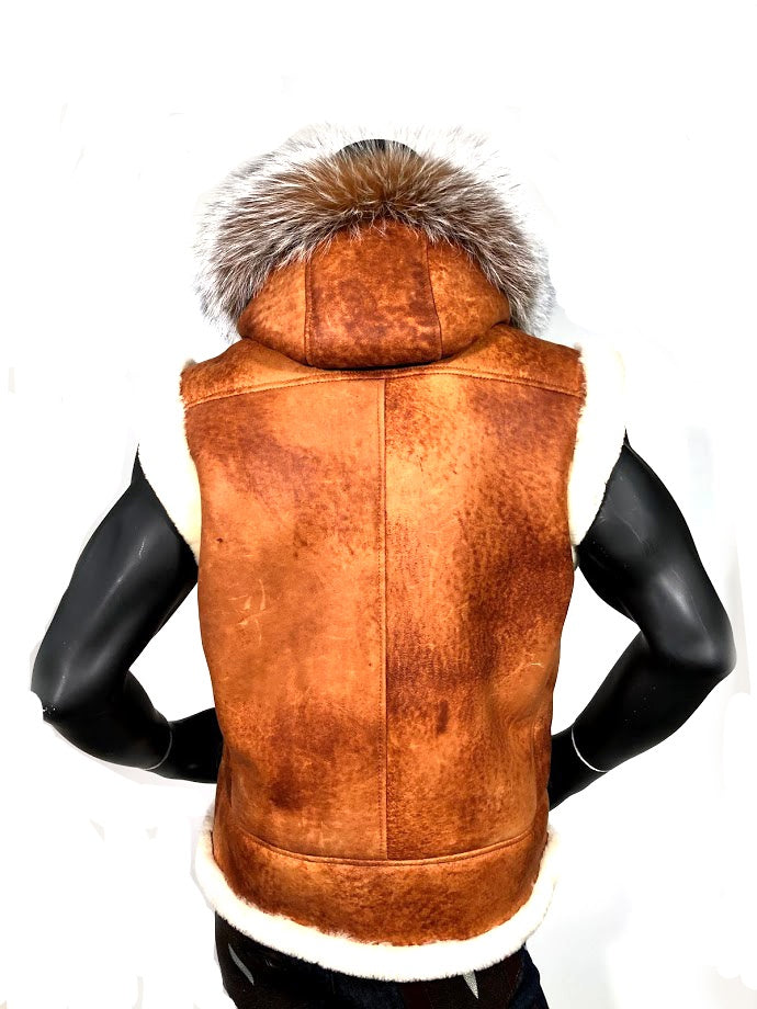 Sheepskin Vest with Fox Trimmed Hood Style #5600H – Jakewood