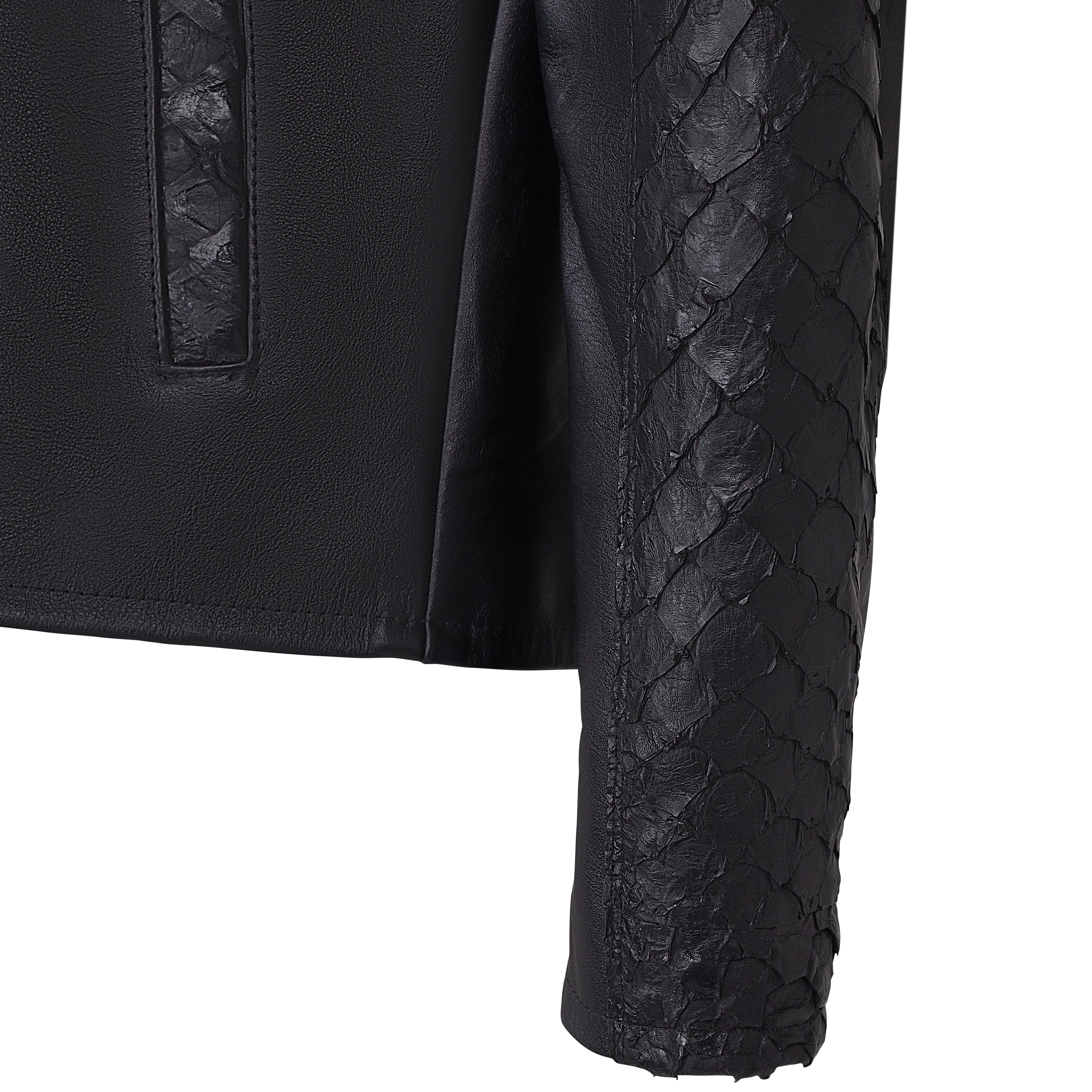 Men's Open Bottom Leather Jacket With Arapaima Skin Style #2032