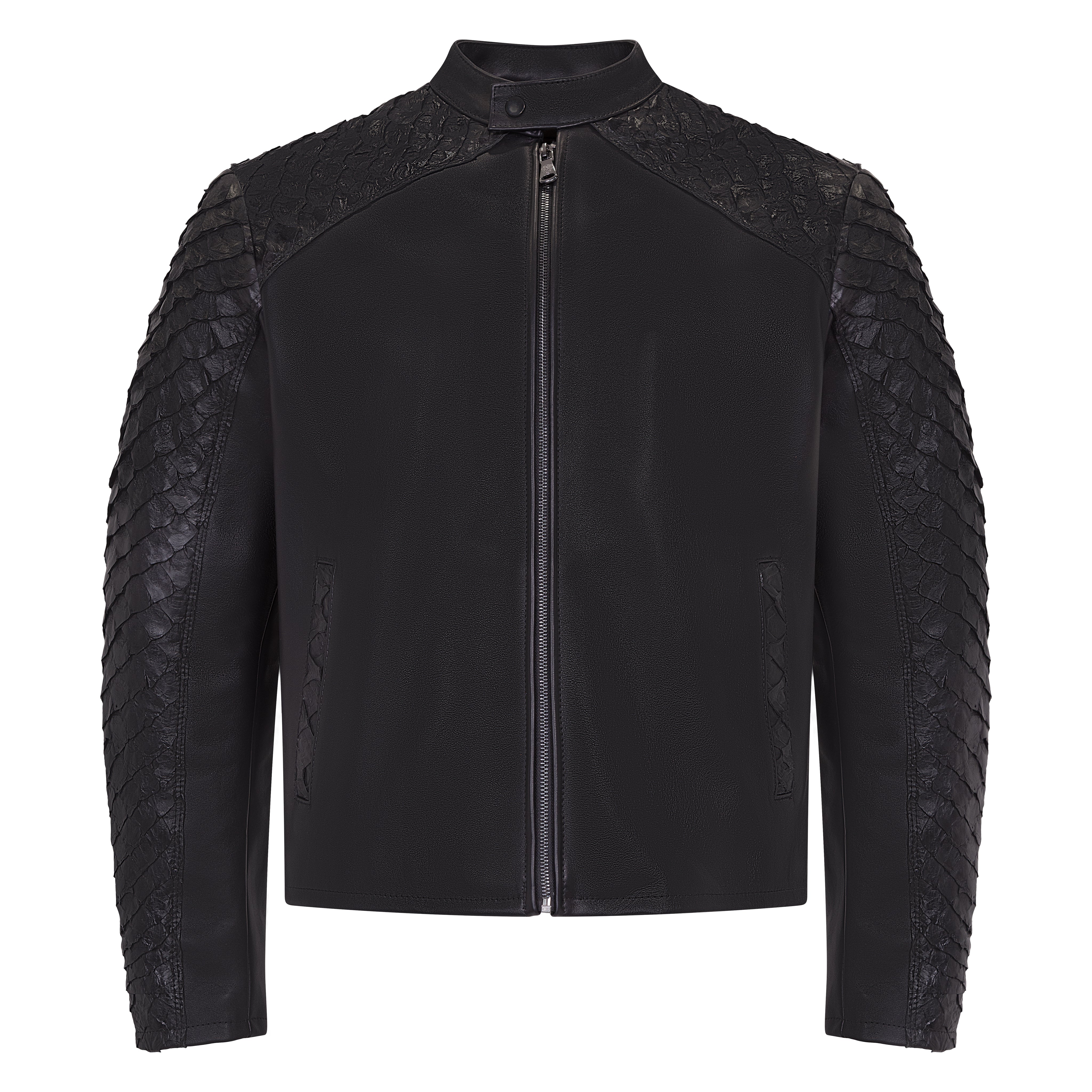 Men's Open Bottom Leather Jacket With Arapaima Skin Style #2032 Men's Open Bottom Leather Jacket With Arapaima Skin Style #2032