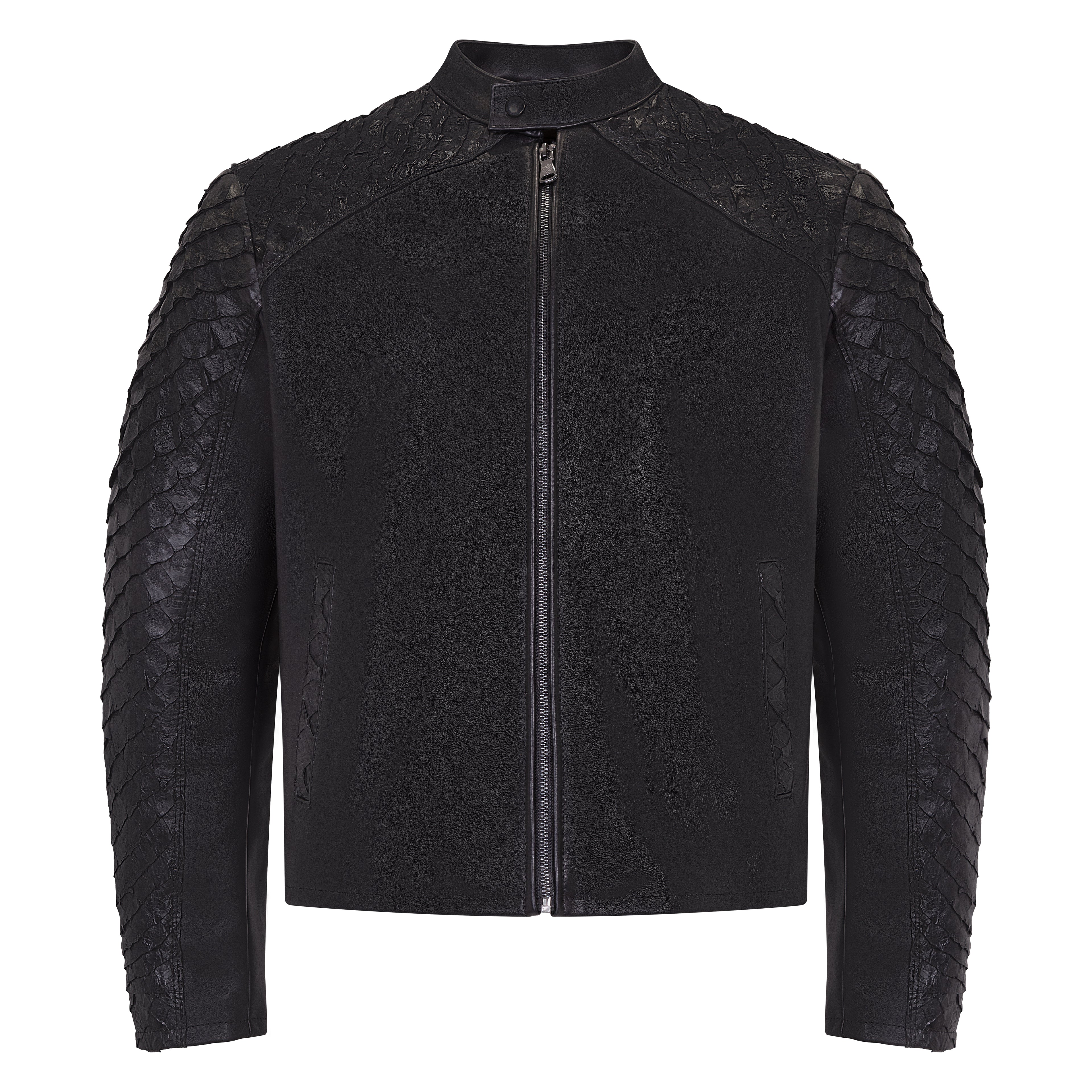 Men's Open Bottom Leather Jacket With Arapaima Skin Style #2032