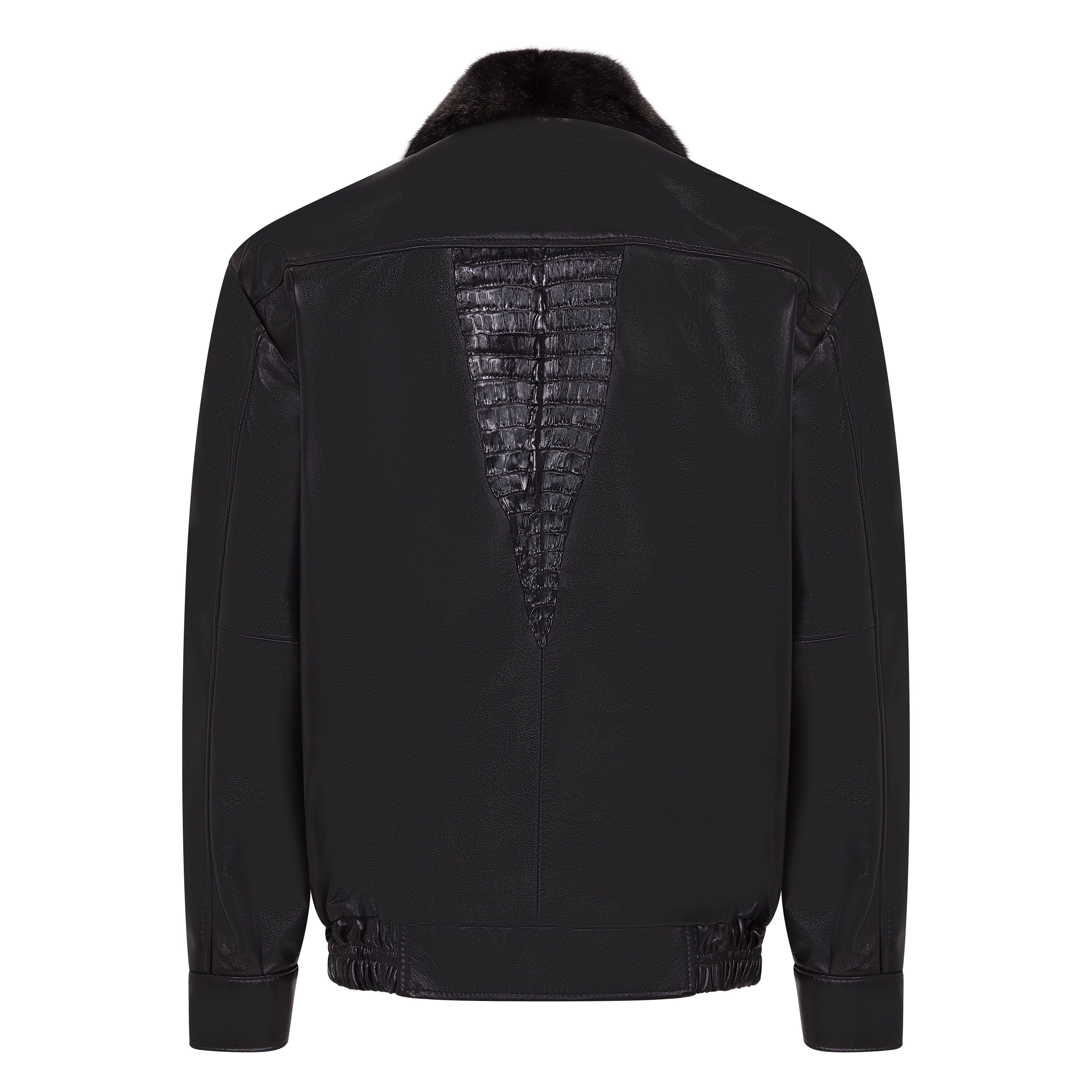 Genuine Lambskin Leather Jacket With Alligator Trimming & Mink