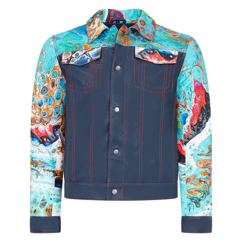 Jean style digital print leather jacket #3670