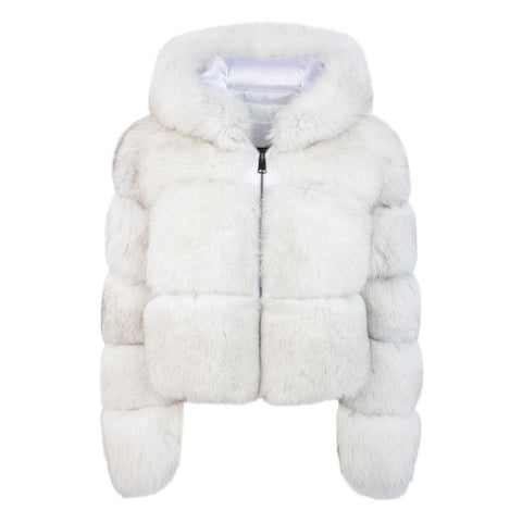 Ladies high-low length jacket. Fox fur collar, cuffs and bottom Style –  Jakewood
