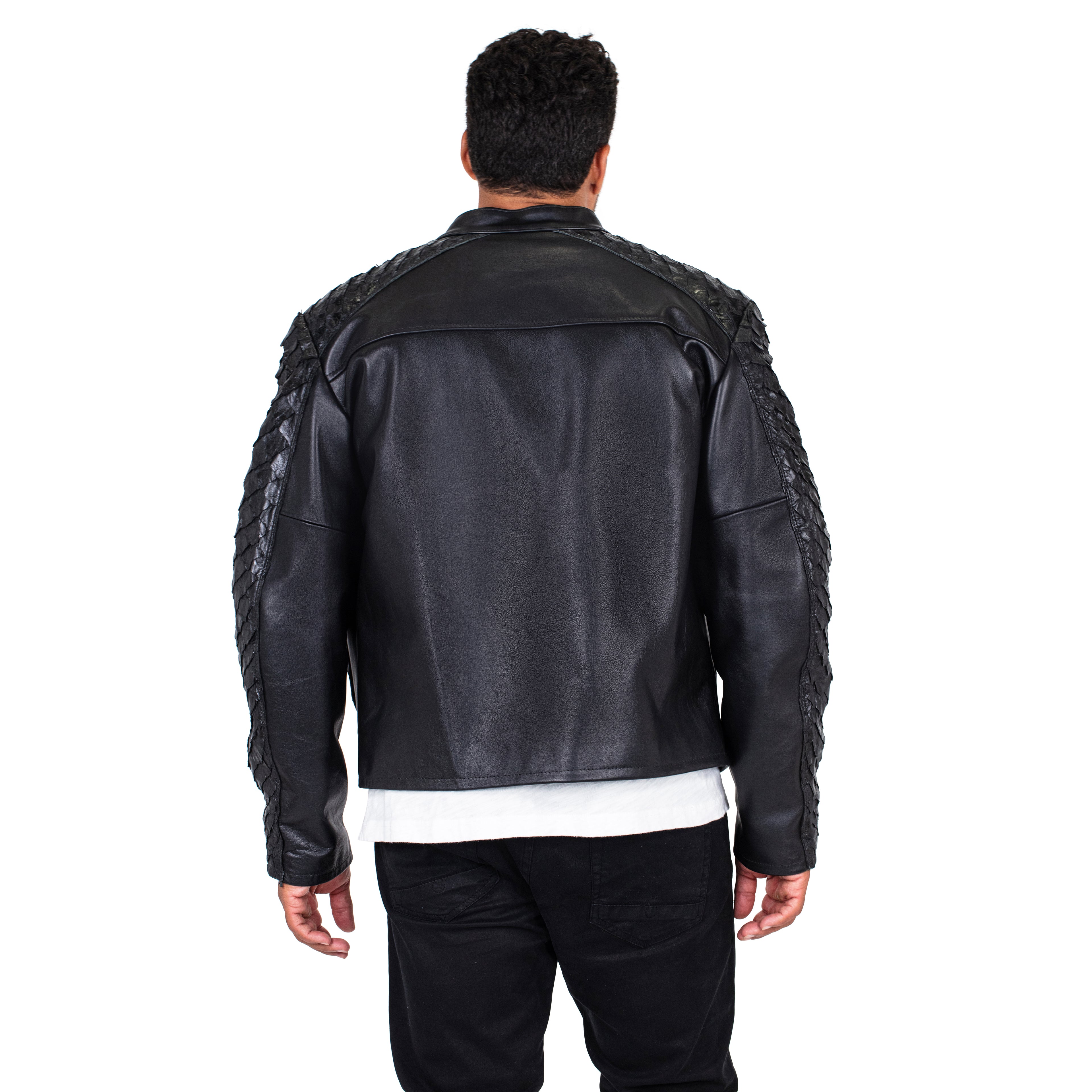 Men's Open Bottom Leather Jacket With Arapaima Skin Style #2032