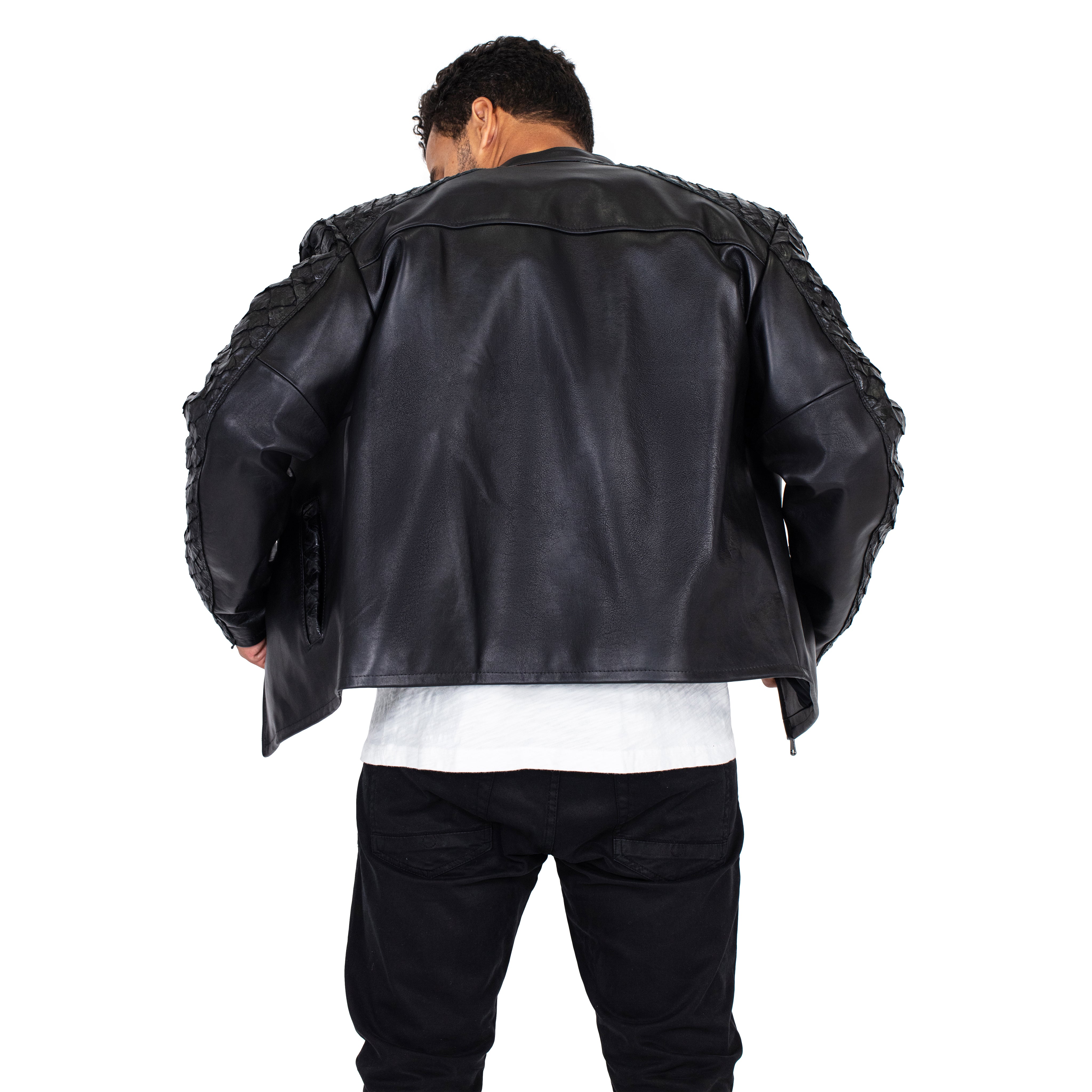 Men's Open Bottom Leather Jacket With Arapaima Skin Style #2032 Men's Open Bottom Leather Jacket With Arapaima Skin Style #2032