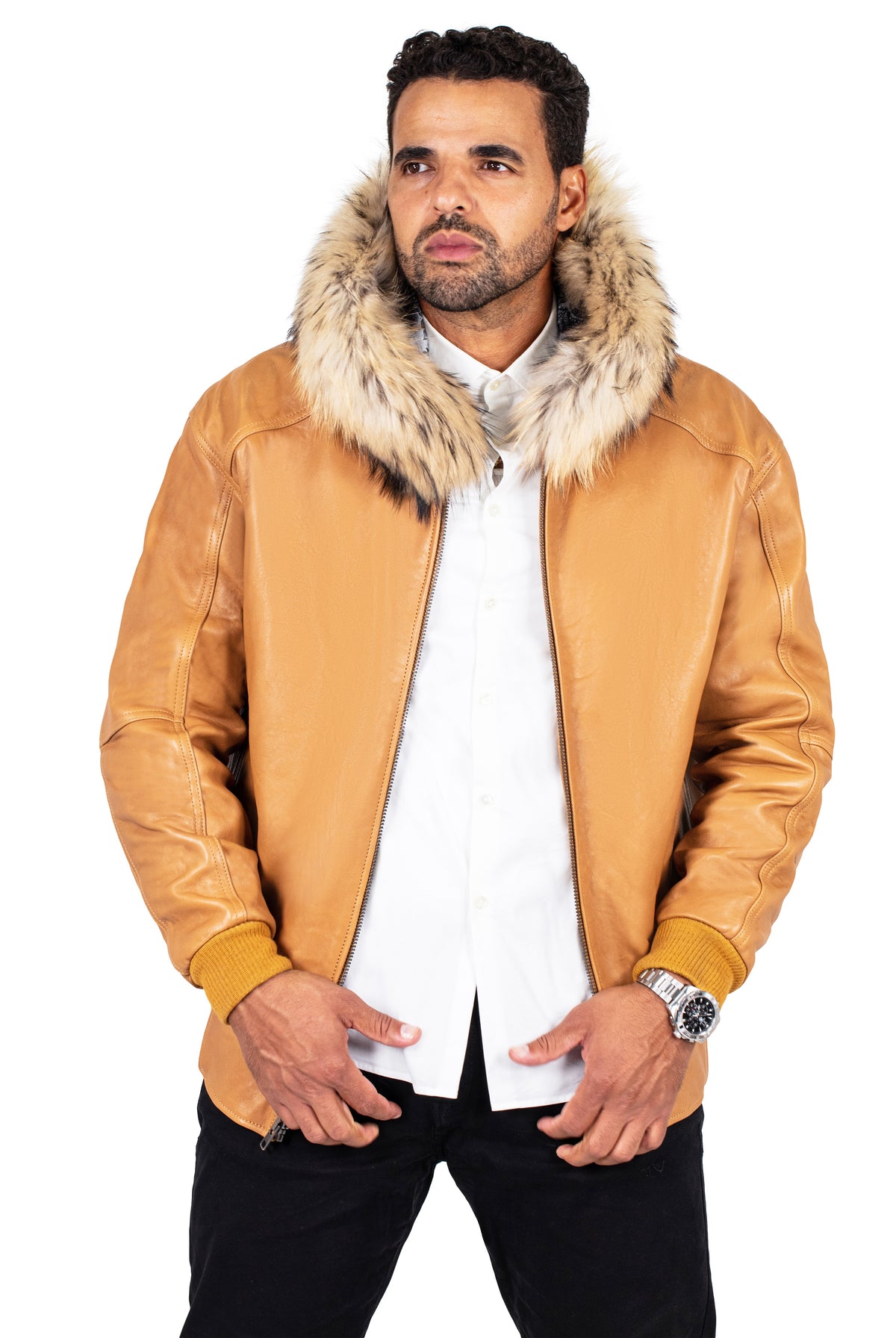 Heavyweight Lambskin Jacket with Fox Fur Hood | Jakewood NY