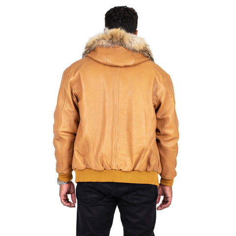Heavyweight lambskin leather jacket with fox fur trimmed hood