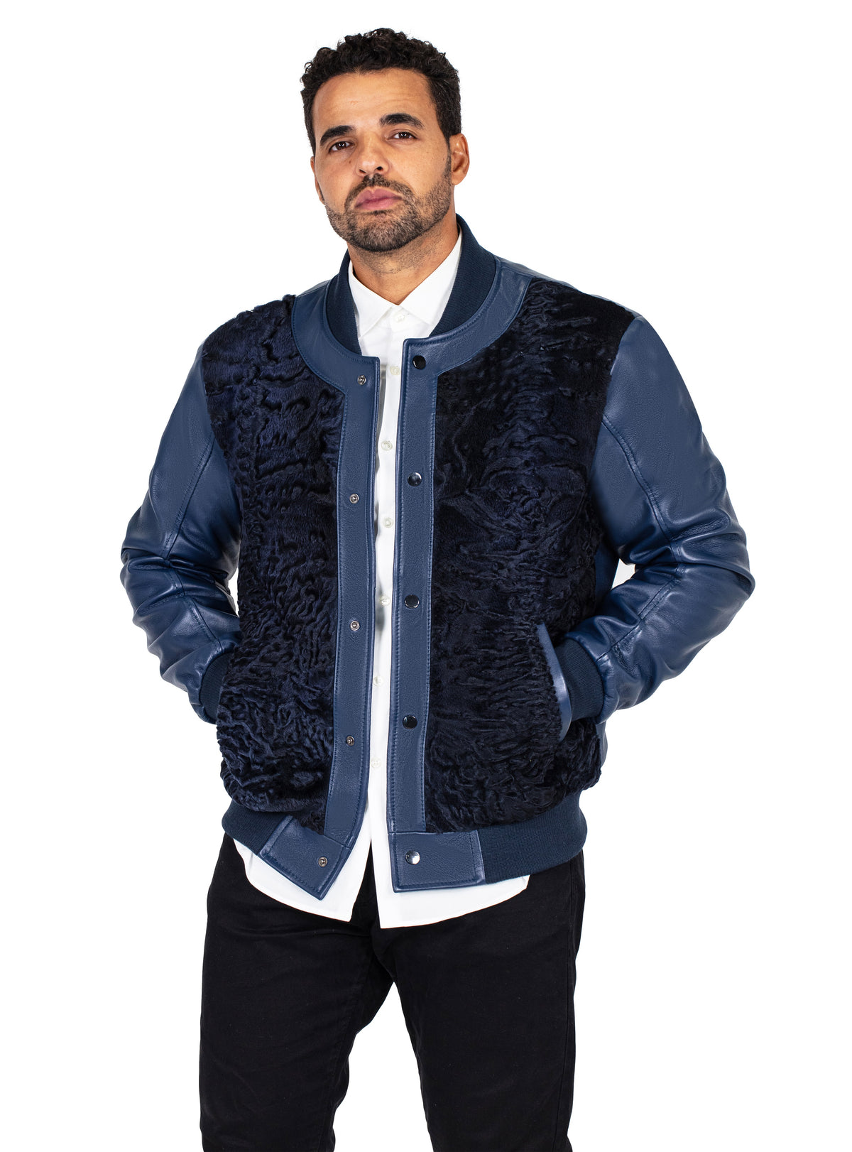 Baseball bomber jacket with Persian lamb full front #3443 – Jakewood