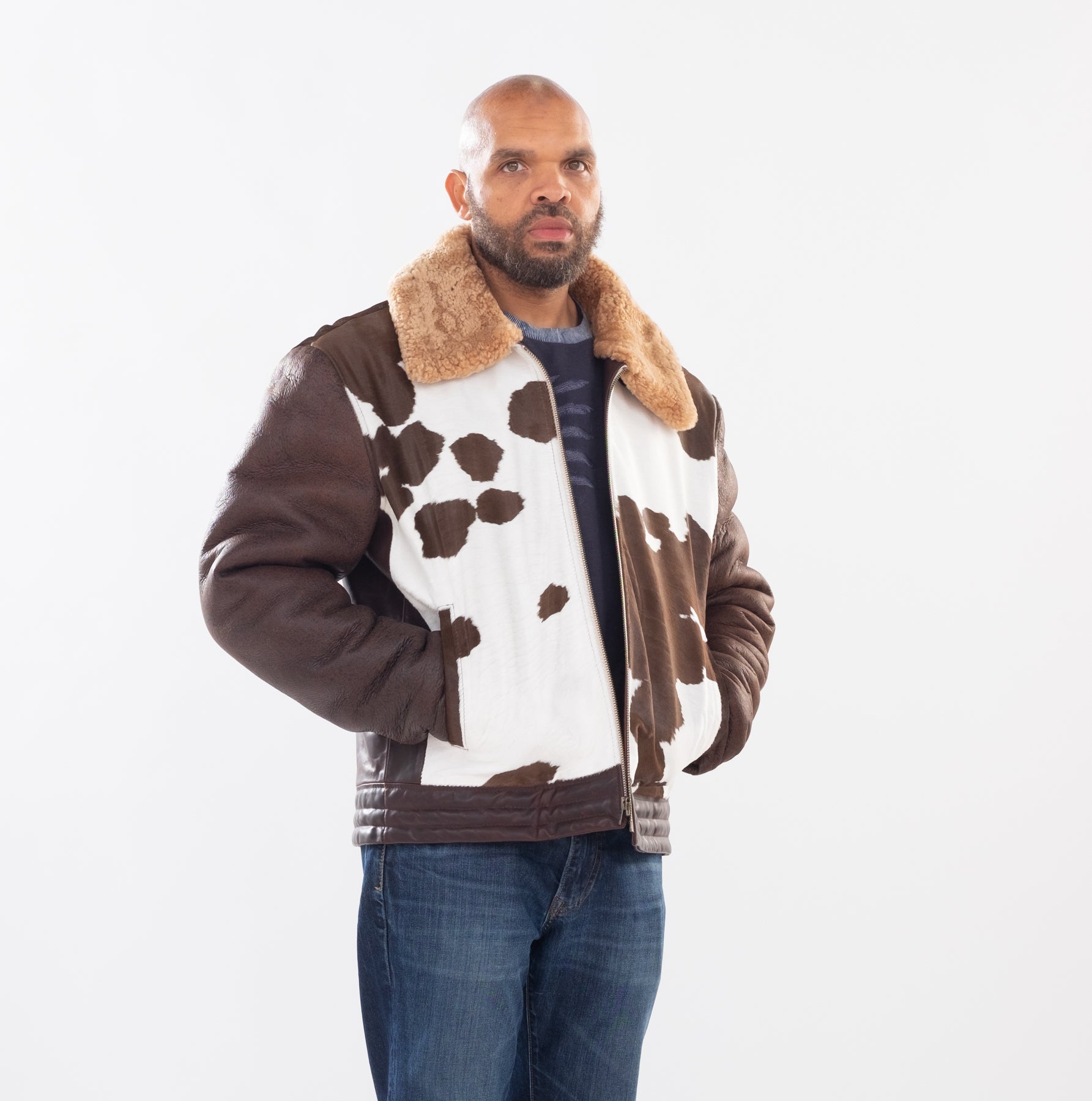 Men's Pony Leather Jacket with Sheepskin Sleeve and Collar Style