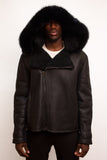 Men's Shearling Winter Jacket with Hood Fur Black Style #900H - Jakewood Shearlin Leather Mouton Fur Bomber Aviator Parka Coat Jacket Sheepskin All size Brooklyn New York manufacturer 