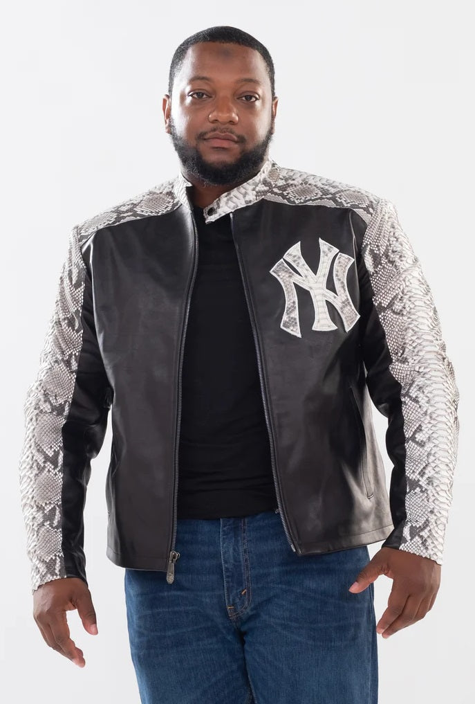 Men's Leather Jacket with Python Trimming and Custom Yankees Python Logo