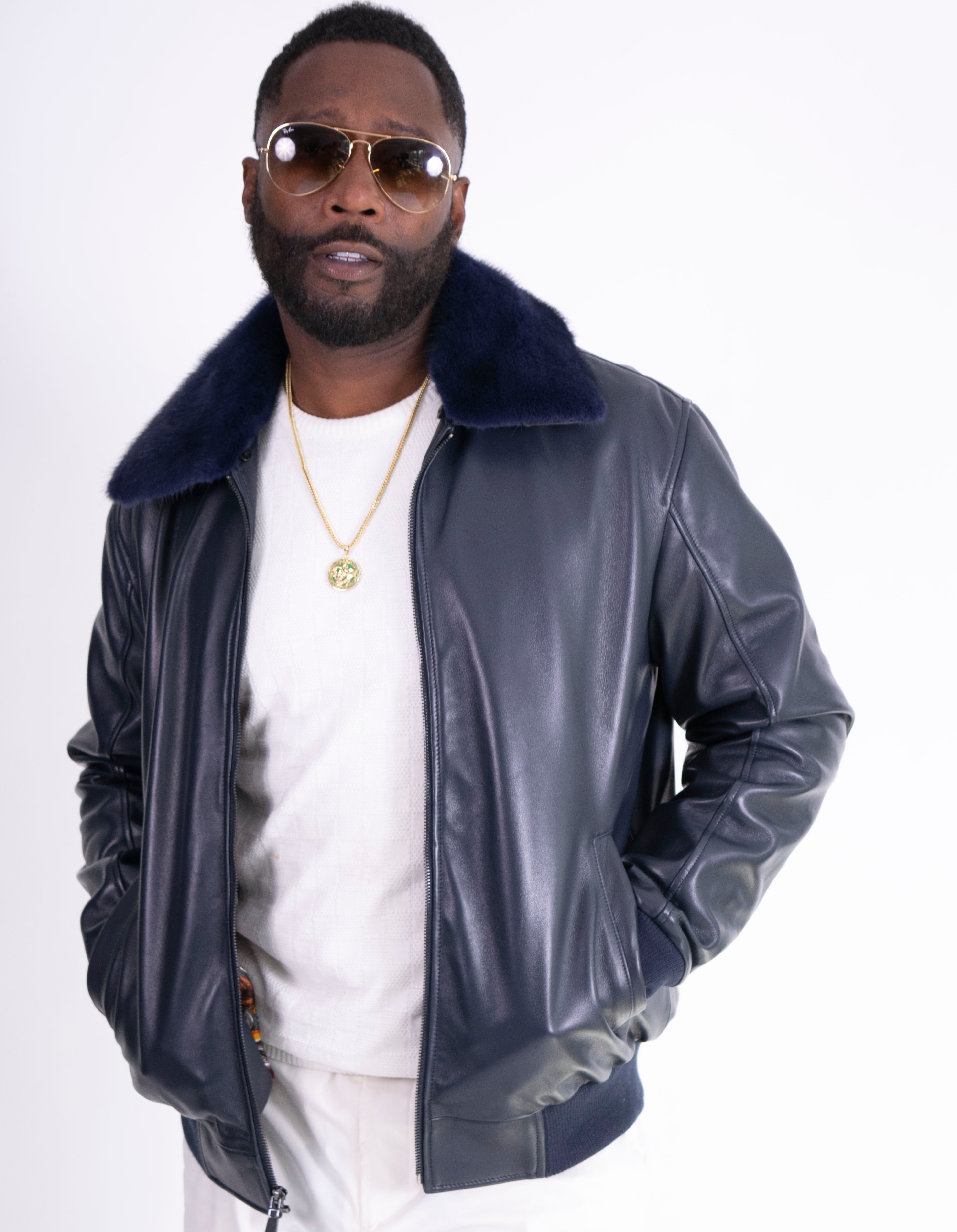 Lightweight Leather Bomber Jacket with Removable Mink Fur