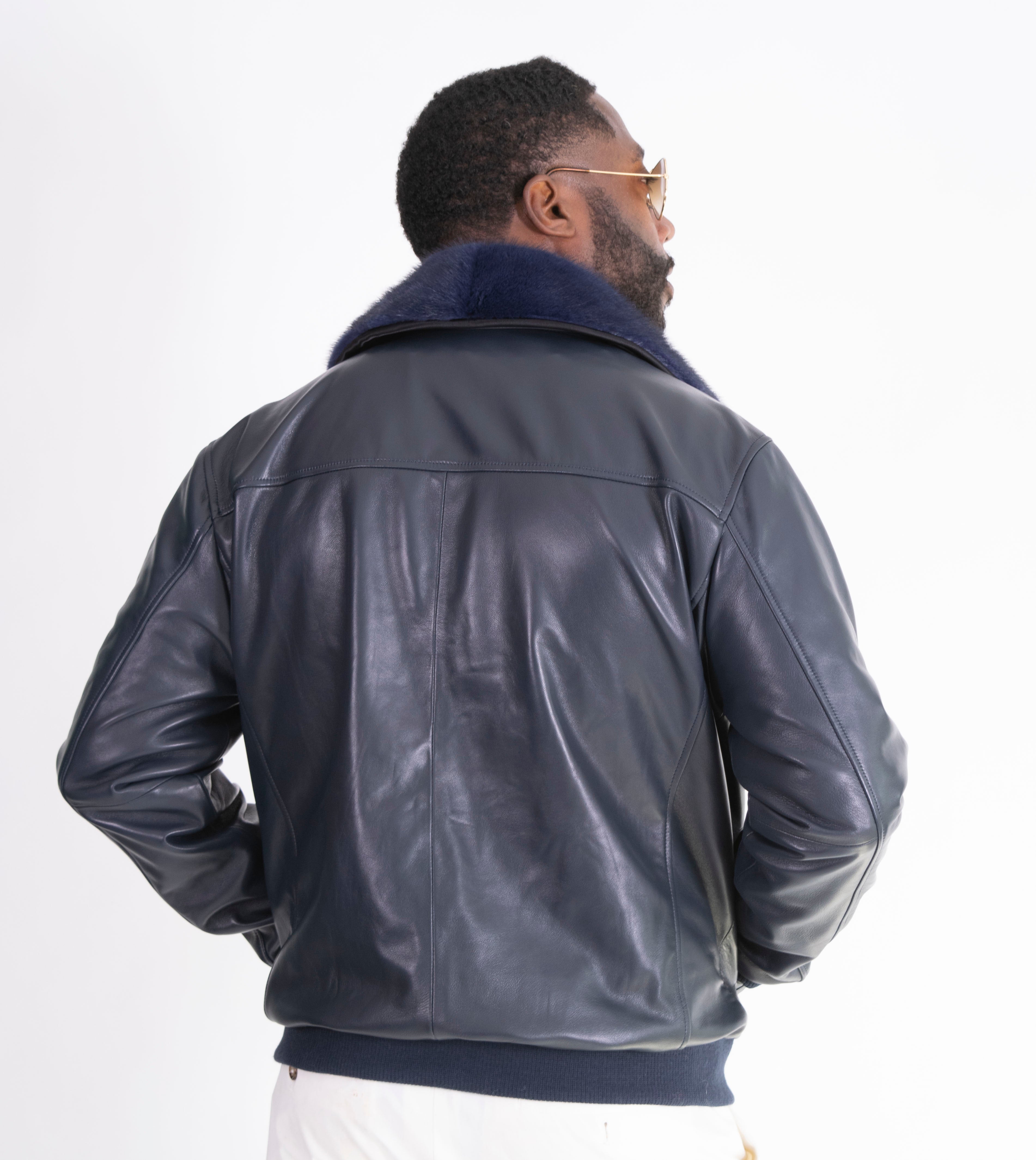Lightweight Leather Bomber Jacket with Removable Mink Fur Collar. Style #2220