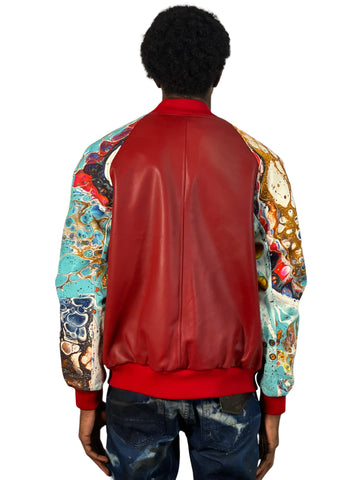 Leather baseball jacket with digital print leather sleeves #1011