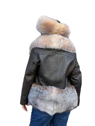 Ladies quilted leather jacket with crystal fox fur #1055