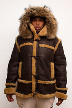 Sheepskin Jacket Toggle Closer with Hood and Fur Style #4700 - Jakewood Shearlin Leather Mouton Fur Bomber Aviator Parka Coat Jacket Sheepskin All size Brooklyn New York manufacturer 