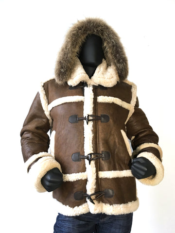 Sheepskin Jacket Toggle Closer with Hood and Fur Style #4700 - Jakewood Shearlin Leather Mouton Fur Bomber Aviator Parka Coat Jacket Sheepskin All size Brooklyn New York manufacturer 