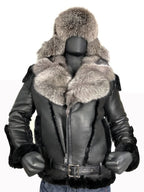 Sheepskin Jacket with Fur collar Style #1320 - Jakewood Shearlin Leather Mouton Fur Bomber Aviator Parka Coat Jacket Sheepskin All size Brooklyn New York manufacturer 