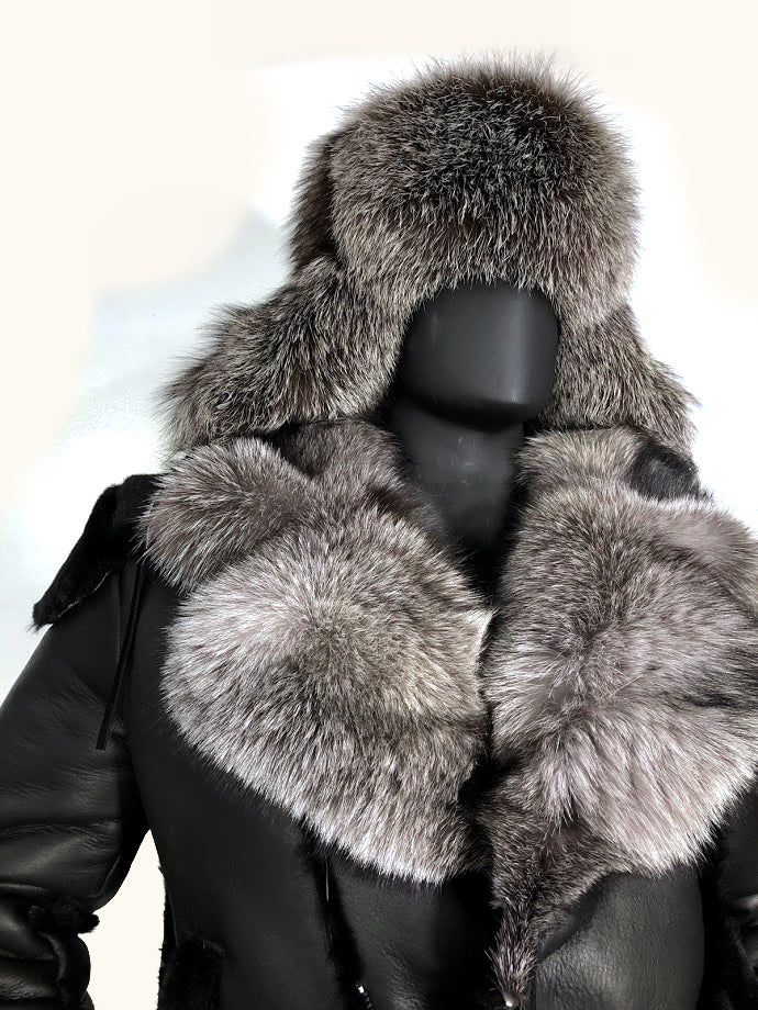 Sheepskin Jacket with Fur collar Style #1320 - Jakewood Shearlin Leather Mouton Fur Bomber Aviator Parka Coat Jacket Sheepskin All size Brooklyn New York manufacturer 