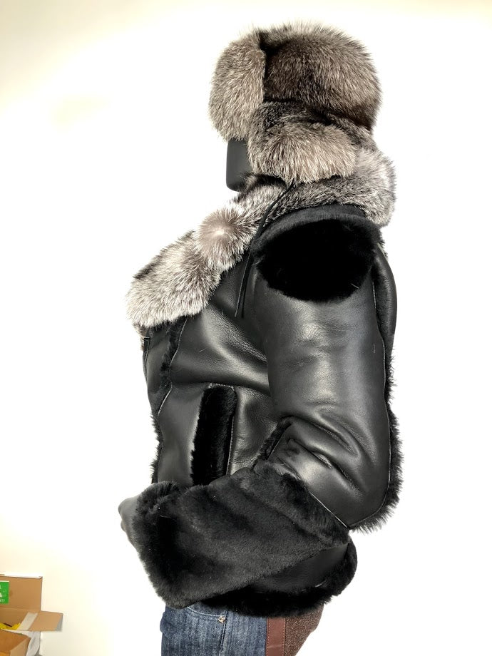 Sheepskin Jacket with Fur collar Style #1320 - Jakewood Shearlin Leather Mouton Fur Bomber Aviator Parka Coat Jacket Sheepskin All size Brooklyn New York manufacturer 