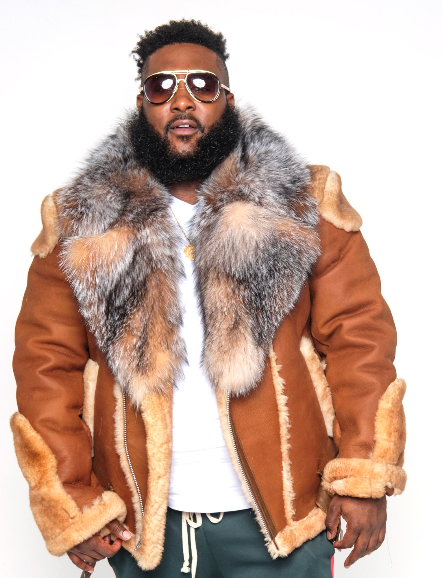 Sheepskin Jacket with Fur collar Style #1320 - Jakewood Shearlin Leather Mouton Fur Bomber Aviator Parka Coat Jacket Sheepskin All size Brooklyn New York manufacturer 