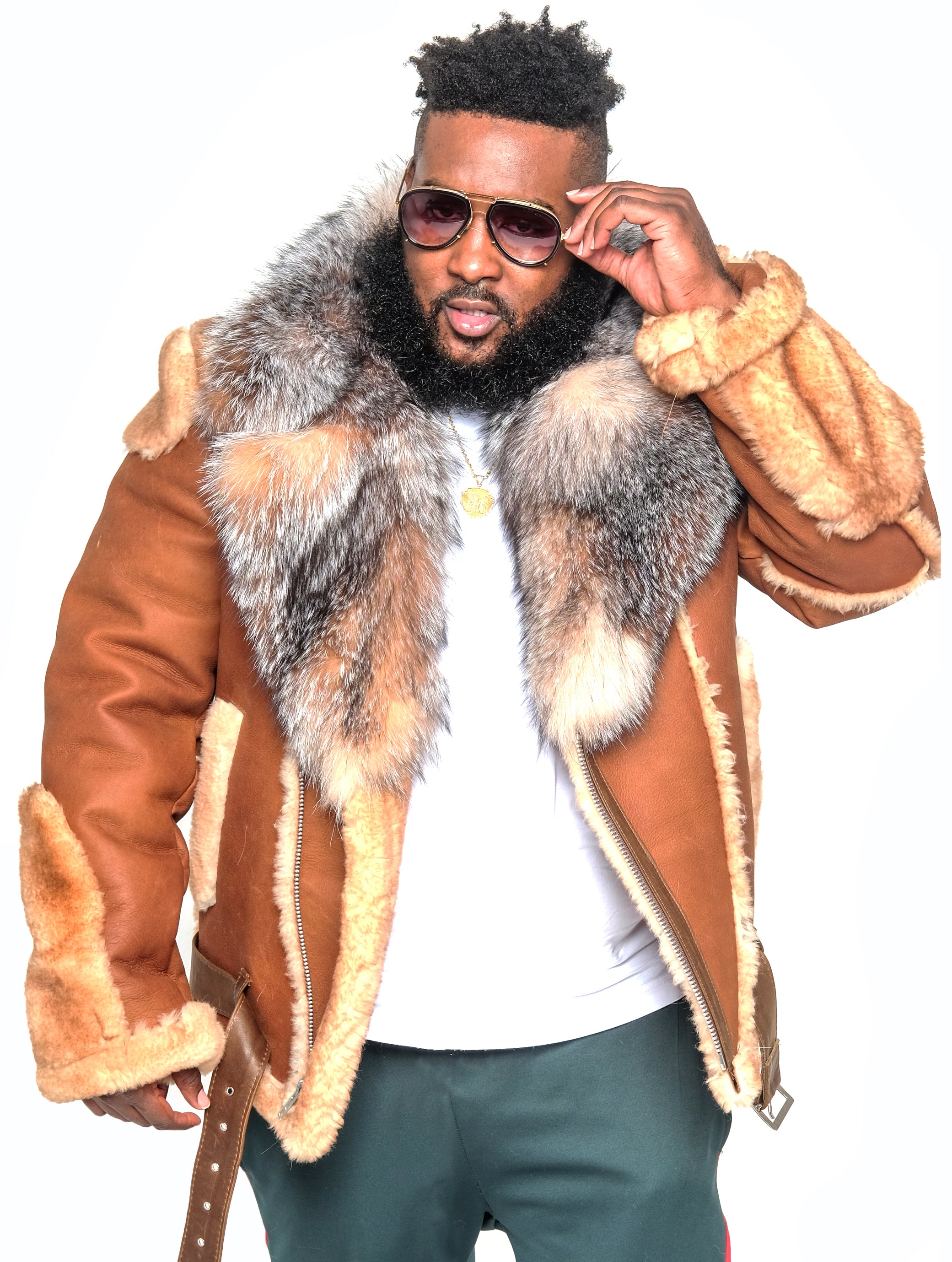 Sheepskin Jacket with Fur collar Style #1320 - Jakewood Shearlin Leather Mouton Fur Bomber Aviator Parka Coat Jacket Sheepskin All size Brooklyn New York manufacturer 