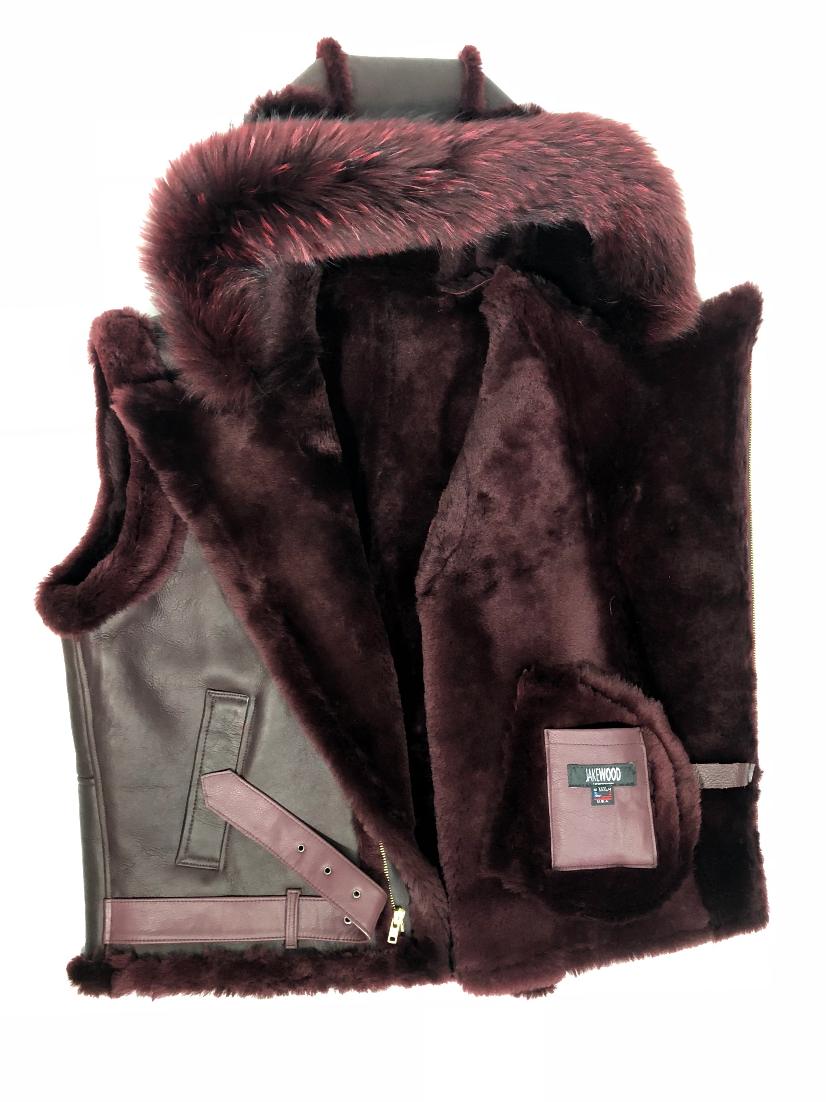 Sheepskin Leather Vest Fox Fur Style #3930 - Jakewood Shearlin Leather Mouton Fur Bomber Aviator Parka Coat Jacket Sheepskin All size Brooklyn New York manufacturer 