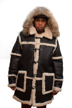Sheepskin Long Jacket Toggle Closer with Hood and Fur Style #4100 - Jakewood Shearlin Leather Mouton Fur Bomber Aviator Parka Coat Jacket Sheepskin All size Brooklyn New York manufacturer 