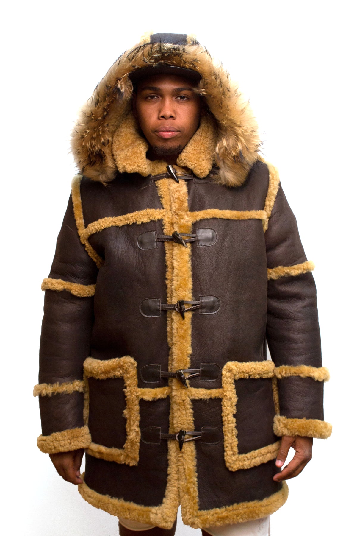 Sheepskin Long Jacket Toggle Closer with Hood and Fur Style #4100 