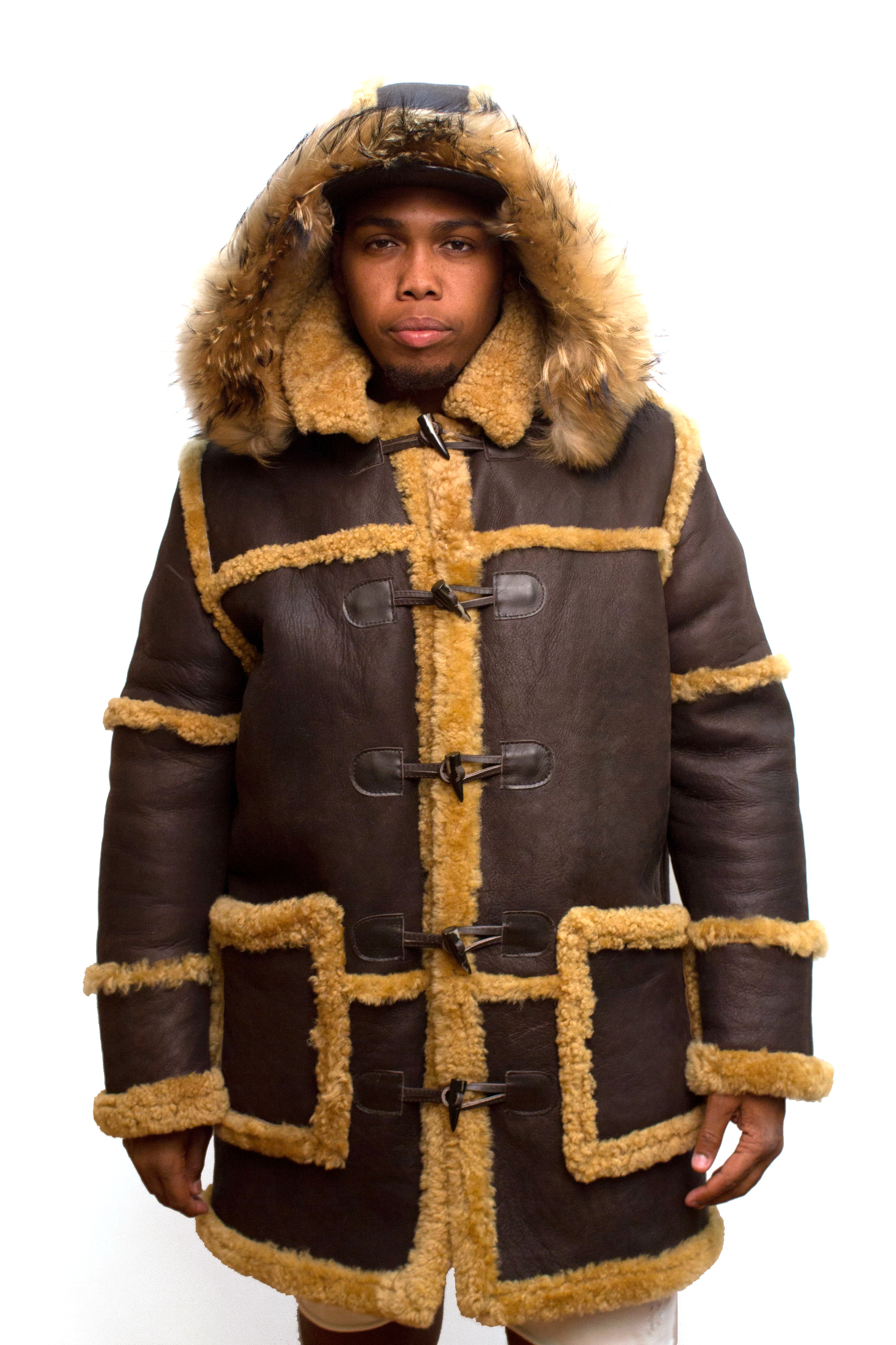 Sheepskin Long Jacket Toggle Closer with Hood and Fur Style #4100 - Jakewood Shearlin Leather Mouton Fur Bomber Aviator Parka Coat Jacket Sheepskin All size Brooklyn New York manufacturer 