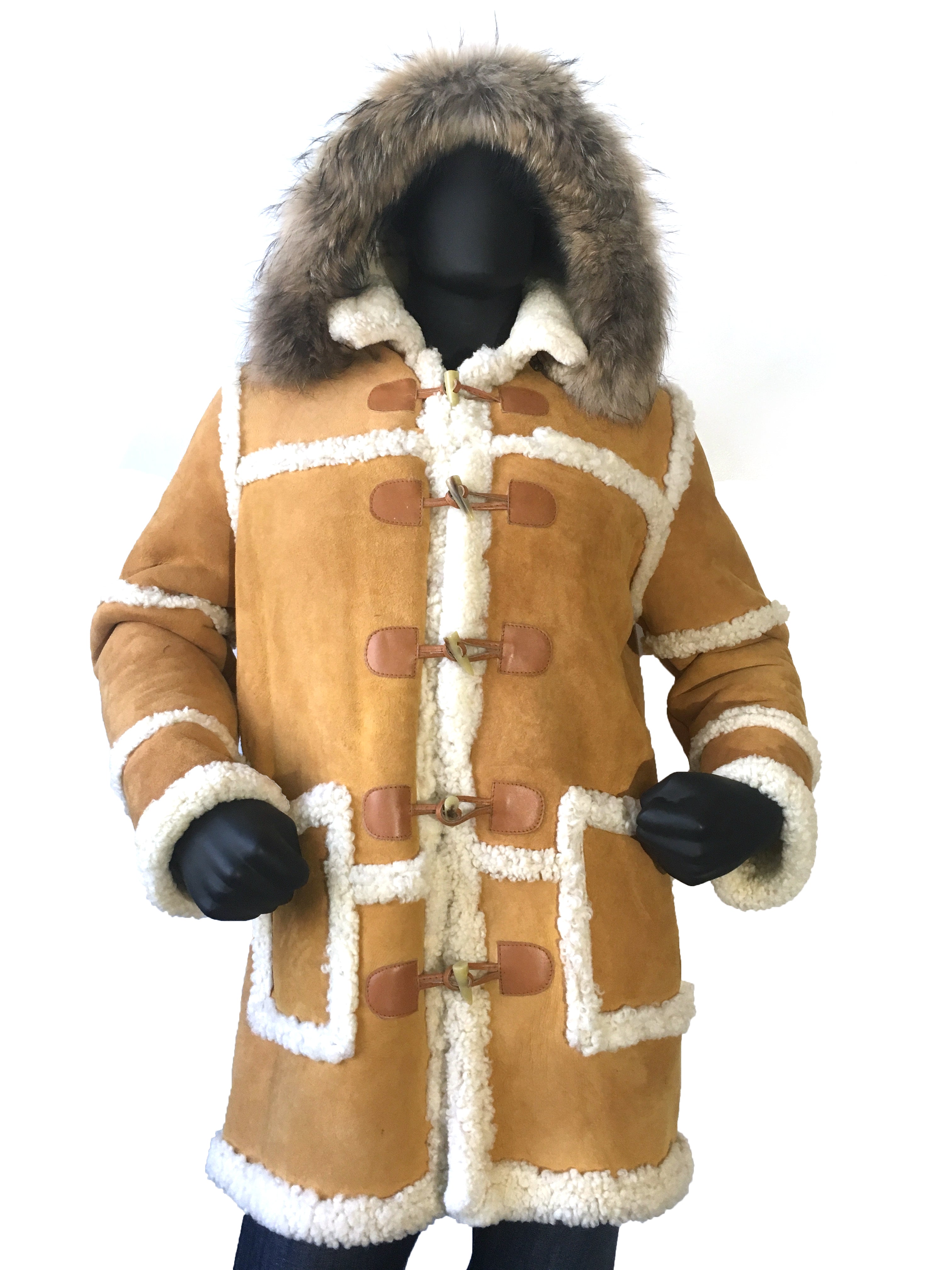 Sheepskin Long Jacket Toggle Closer with Hood and Fur Style #4100 - Jakewood Shearlin Leather Mouton Fur Bomber Aviator Parka Coat Jacket Sheepskin All size Brooklyn New York manufacturer 