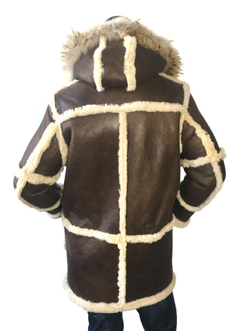 Sheepskin Long Jacket Toggle Closer with Hood and Fur Style #4100 - Jakewood Shearlin Leather Mouton Fur Bomber Aviator Parka Coat Jacket Sheepskin All size Brooklyn New York manufacturer 