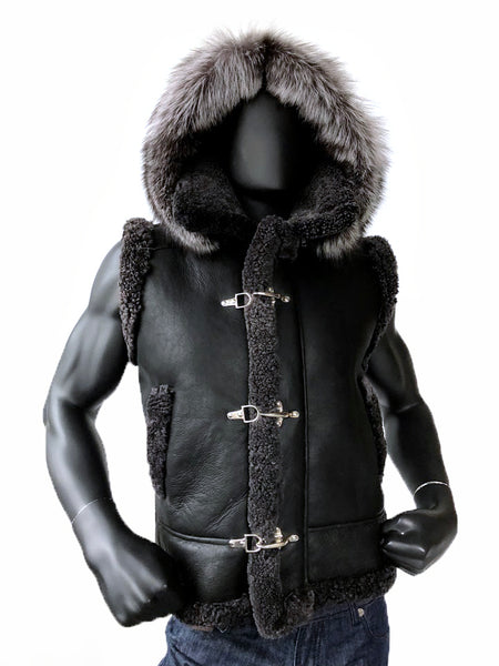 Sheepskin Vest With Silver Fox Fur Hood Style #5650 - Jakewood Shearlin Leather Mouton Fur Bomber Aviator Parka Coat Jacket Sheepskin All size Brooklyn New York manufacturer 