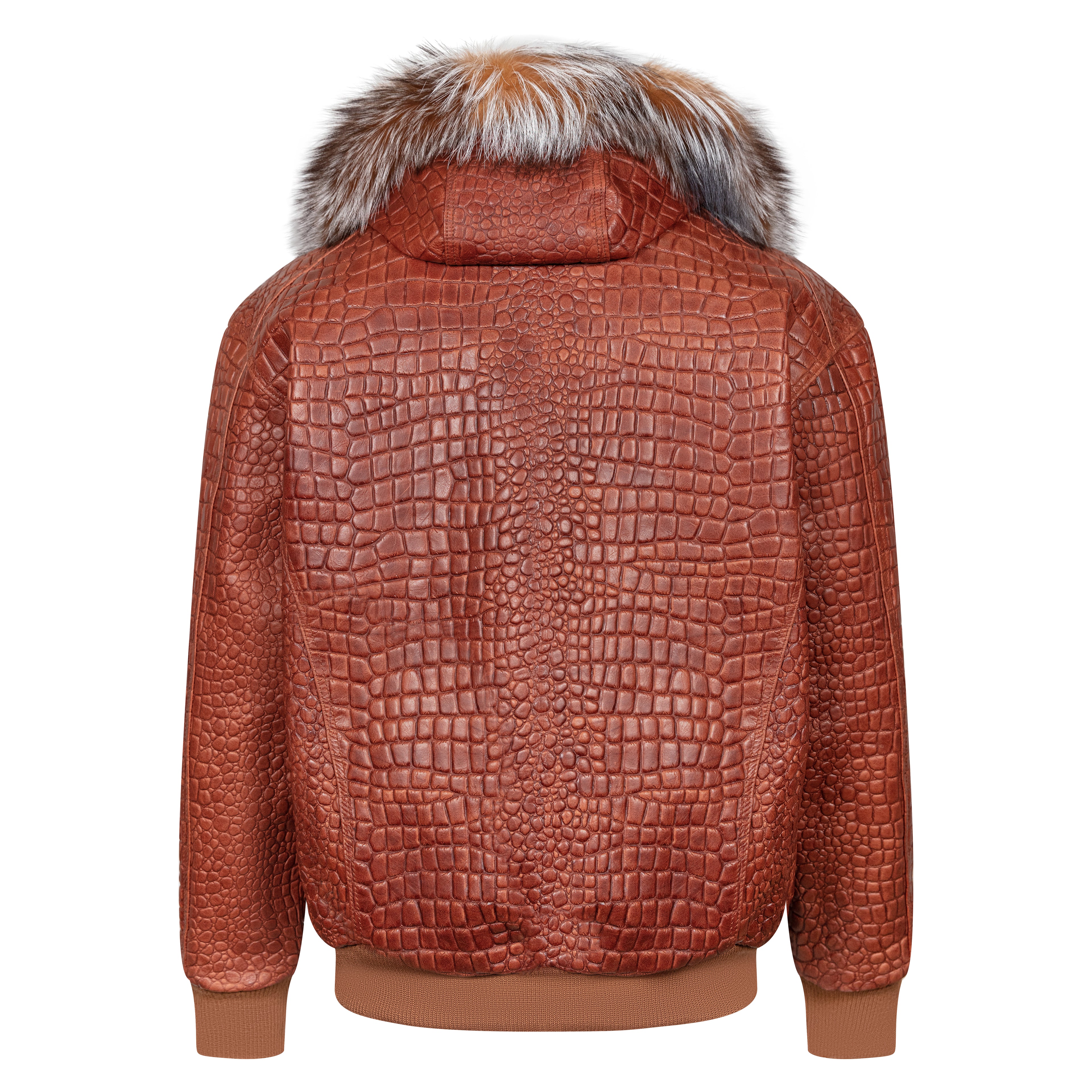 Embossed Leather Bomber Jacket with fox fur trimmed hood Style #2266F
