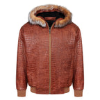 Embossed Leather Bomber Jacket with fox fur trimmed hood Style #2266F