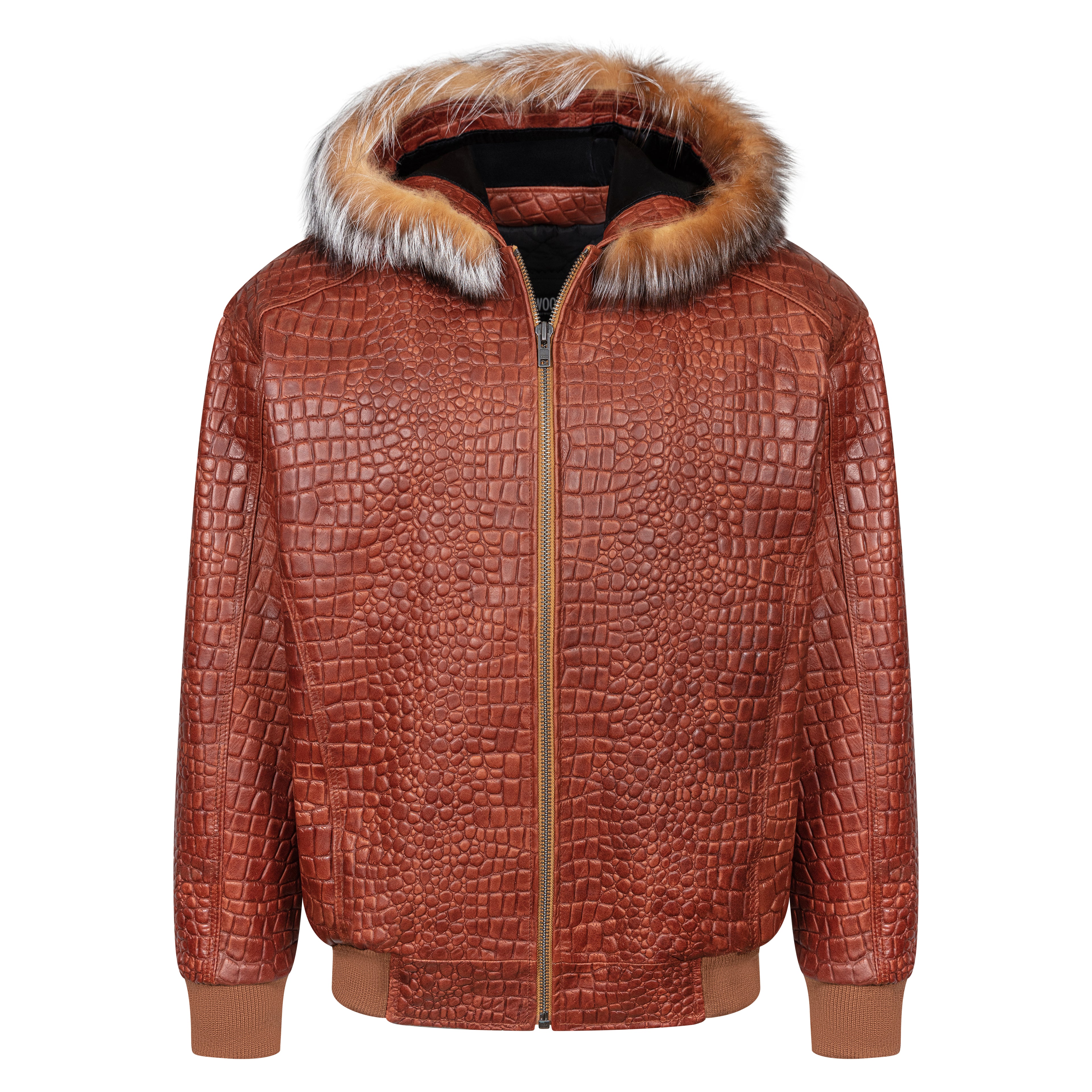 Embossed Leather Bomber Jacket with fox fur trimmed hood Style #2266F