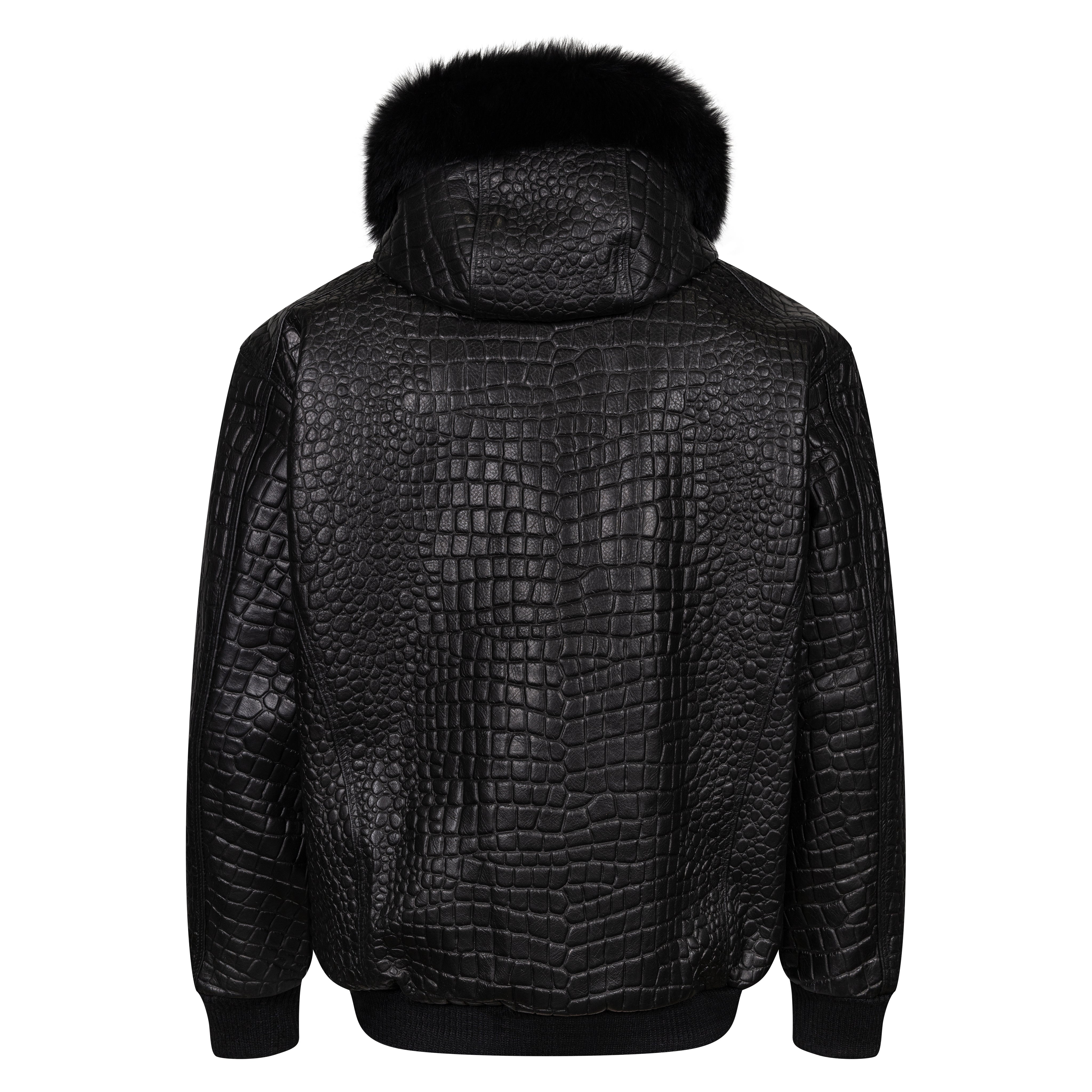Embossed Leather Bomber Jacket with fox fur trimmed hood Style