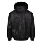 Embossed Leather Bomber Jacket with fox fur trimmed hood Style #2266F
