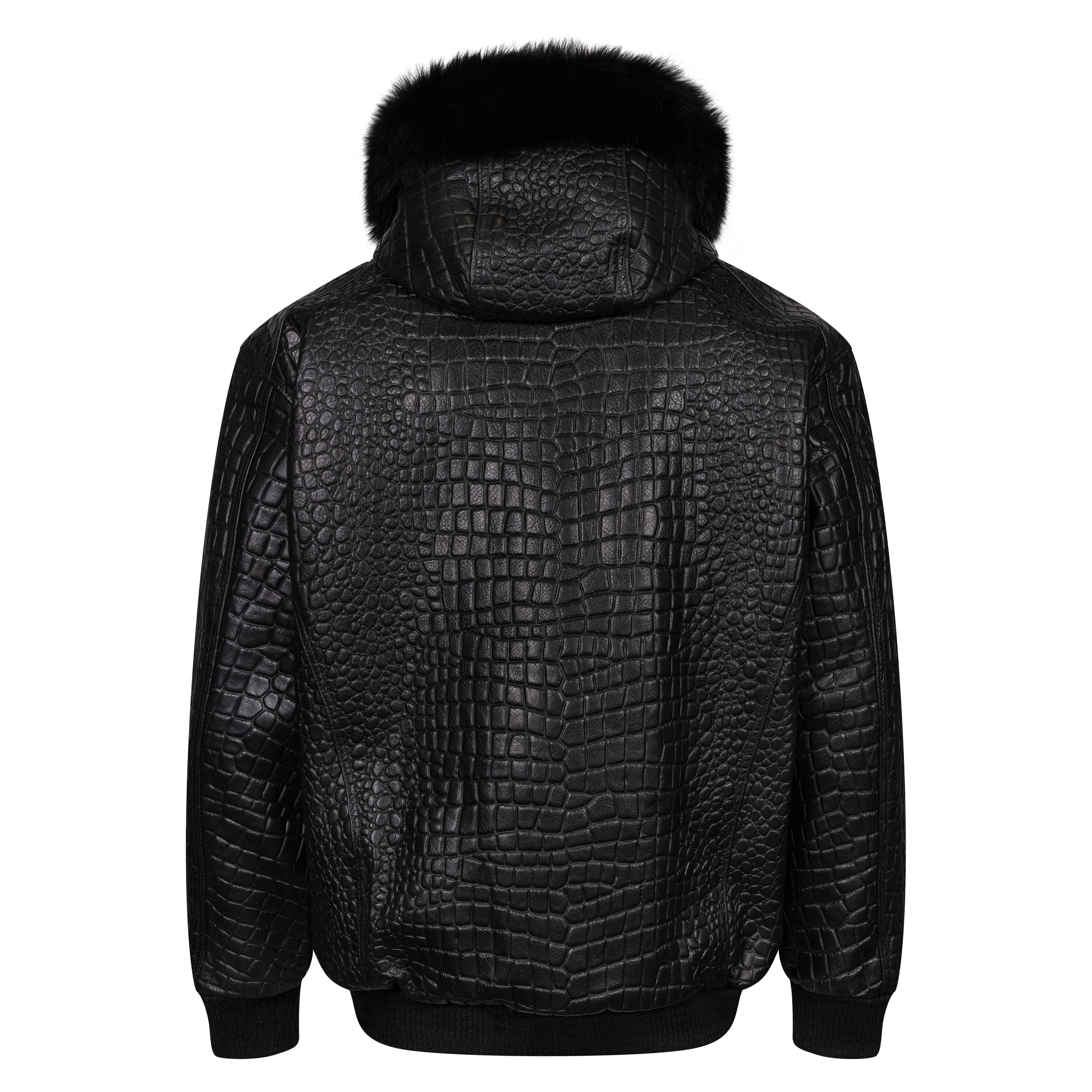 Embossed Leather Bomber Jacket with fox fur trimmed hood Style #2266F