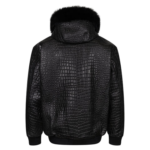 Embossed Leather Bomber Jacket with fox fur trimmed hood Style #2266H