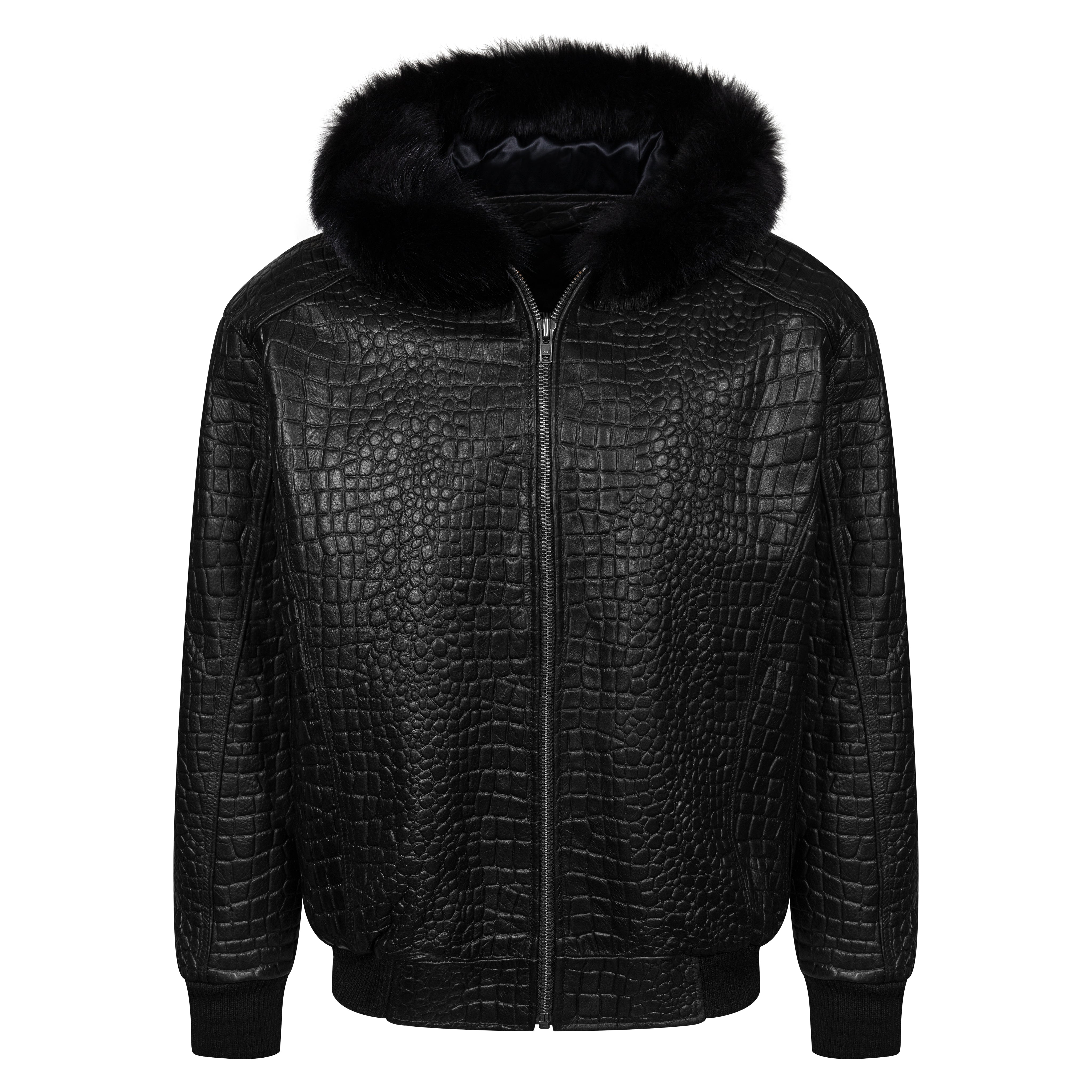 Embossed Leather Bomber Jacket with fox fur trimmed hood Style