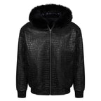 Embossed Leather Bomber Jacket with fox fur trimmed hood Style #2266F