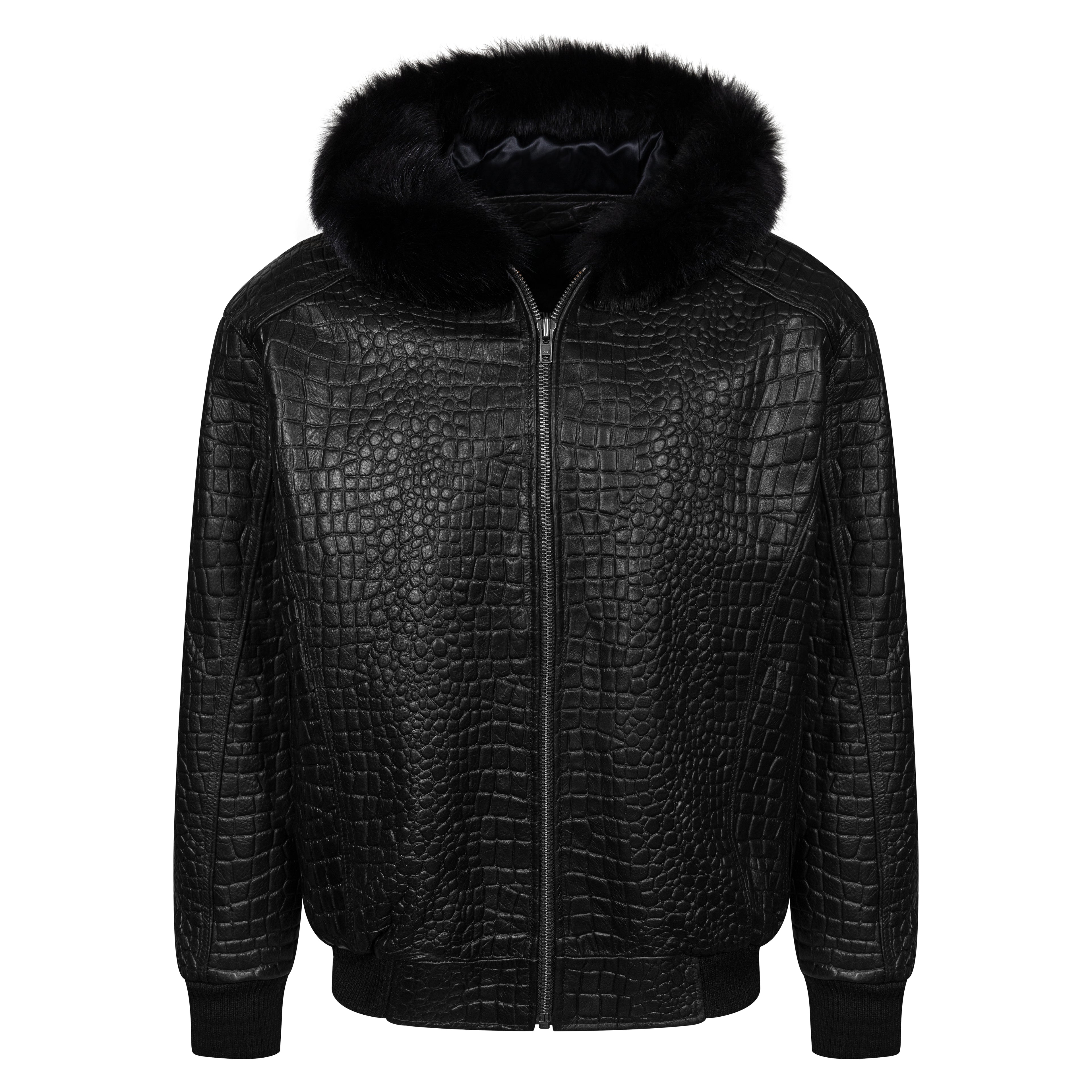 Embossed Leather Bomber Jacket with fox fur trimmed hood Style #2266F