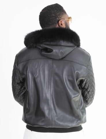 Black Croc Embossed Leather Jacket fur trim hood