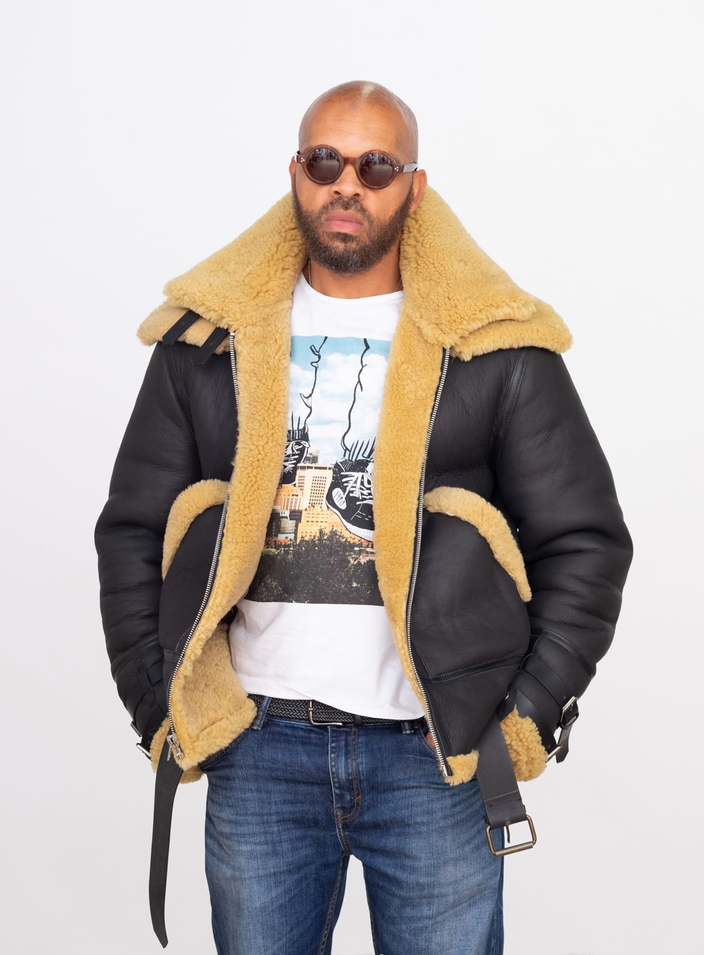 Sheepskin Jacket Bomber with Double Collar Style #808