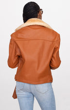 Women Leather Motorcycle Jacket with Sheepskin Collar Style #1033
