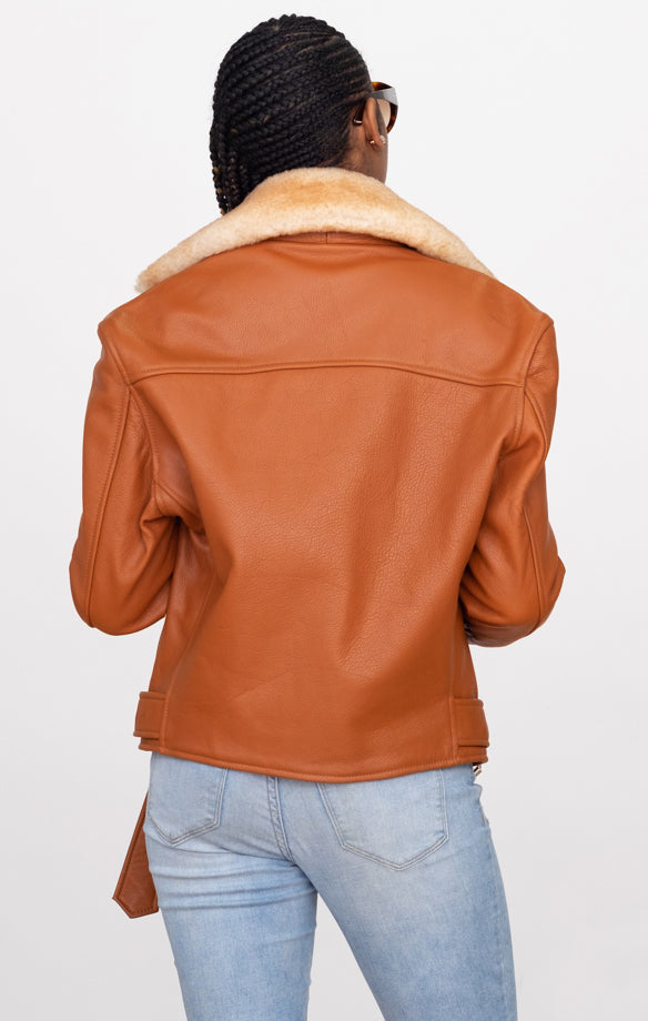 Women Leather Motorcycle Jacket with Sheepskin Collar Style #1033