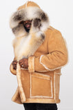 Men's Sheepskin Shearling Toggled Coat With Fox Collar and Hood Style #4950H