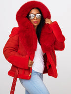 Ladies Raising Sheepskin Jacket with Fur Collar and Hood | Style #1020