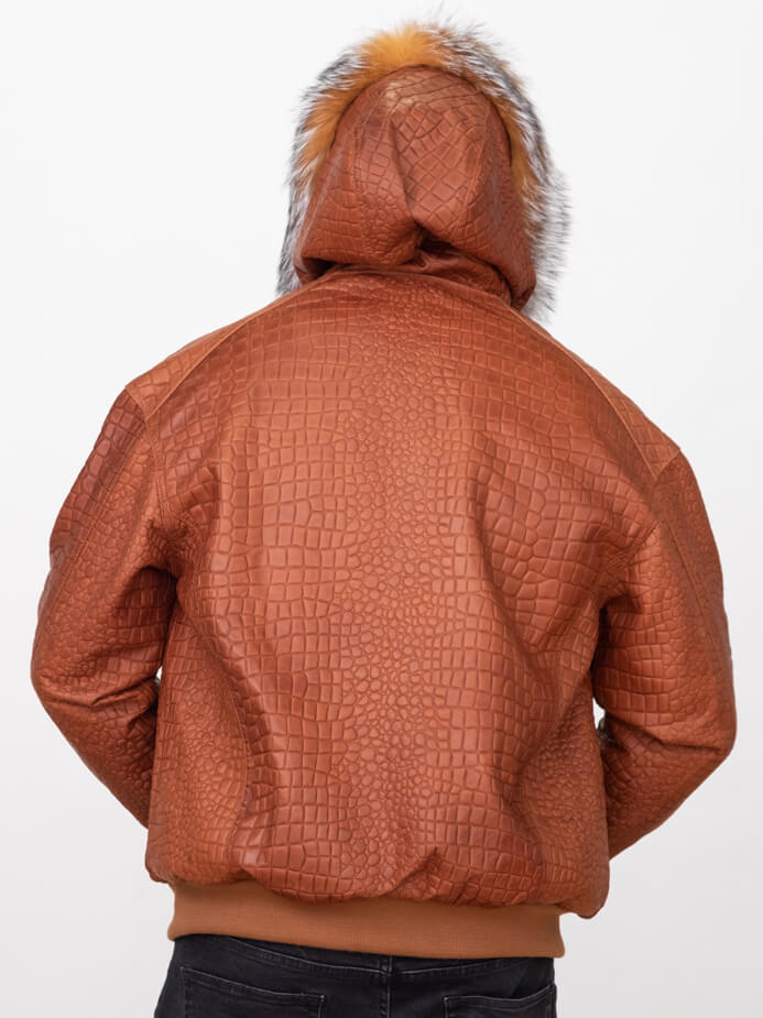 Embossed Leather Bomber Jacket with fox fur trimmed hood Style #2266F